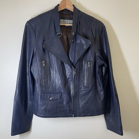 Marc New York Andrew Marc Blue Periwinkle Leather Moto Jacket LARGE - Picture 1 of 13